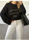 Oversize basic taş baskılı sweatshırt siyah