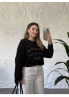 Oversize basic taş baskılı sweatshırt siyah