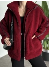Oversize biye detaylı peluş mont bordo
