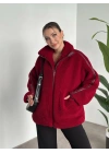 Oversize biye detaylı peluş mont bordo