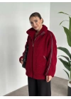 Oversize biye detaylı peluş mont bordo
