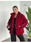 Oversize biye detaylı peluş mont bordo