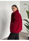 Oversize biye detaylı peluş mont bordo