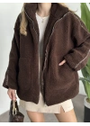 Oversize biye detaylı peluş mont kahve