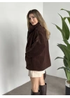 Oversize biye detaylı peluş mont kahve