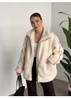 Oversize biye detaylı peluş mont krem