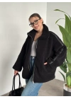 Oversize biye detaylı peluş mont siyah