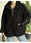 Oversize biye detaylı peluş mont siyah