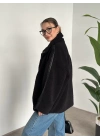 Oversize biye detaylı peluş mont siyah
