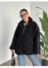 Oversize biye detaylı peluş mont siyah