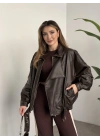 Oversize çapraz fermuarlı deri mont kahve