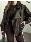 Oversize çapraz fermuarlı deri mont kahve
