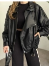 Oversize çapraz fermuarlı deri mont siyah