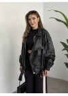 Oversize çapraz fermuarlı deri mont siyah