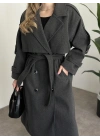 Oversize düğmeli astarlı bağlamalı kaşe kaban antrasit