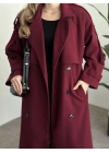 Oversize düğmeli astarlı bağlamalı kaşe kaban bordo