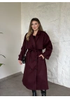 Oversize düğmeli astarlı bağlamalı kaşe kaban bordo