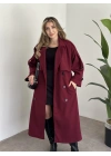 Oversize düğmeli astarlı bağlamalı kaşe kaban bordo