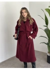 Oversize düğmeli astarlı bağlamalı kaşe kaban bordo