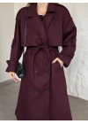 Oversize düğmeli astarlı bağlamalı kaşe kaban bordo