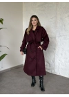 Oversize düğmeli astarlı bağlamalı kaşe kaban bordo