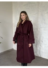 Oversize düğmeli astarlı bağlamalı kaşe kaban bordo