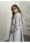 Oversize düğmeli astarlı bağlamalı kaşe kaban gri