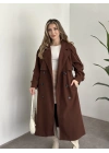 Oversize düğmeli astarlı bağlamalı kaşe kaban kahve