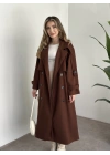 Oversize düğmeli astarlı bağlamalı kaşe kaban kahve
