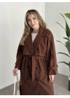 Oversize düğmeli astarlı bağlamalı kaşe kaban kahve