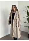 Oversize düğmeli astarlı bağlamalı kaşe kaban krem