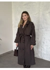 Oversize düğmeli astarlı bağlamalı kaşe kaban melanjlı kahve