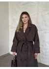 Oversize düğmeli astarlı bağlamalı kaşe kaban melanjlı kahve