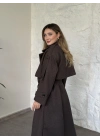 Oversize düğmeli astarlı bağlamalı kaşe kaban melanjlı kahve