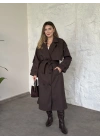 Oversize düğmeli astarlı bağlamalı kaşe kaban melanjlı kahve