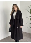 Oversize düğmeli astarlı bağlamalı kaşe kaban siyah