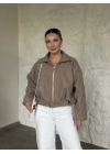 Oversize kısa kemerli kaşe ceket bej