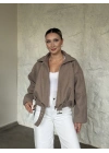 Oversize kısa kemerli kaşe ceket bej