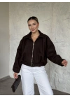 Oversize kısa kemerli kaşe ceket kahve