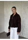Oversize kısa kemerli kaşe ceket kahve