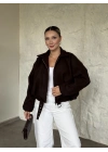 Oversize kısa kemerli kaşe ceket kahve