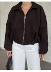Oversize kısa kemerli kaşe ceket kahve