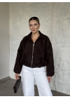 Oversize kısa kemerli kaşe ceket kahve