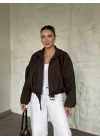 Oversize kısa kemerli kaşe ceket kırçıllı kahve