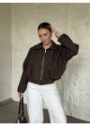 Oversize kısa kemerli kaşe ceket kırçıllı kahve