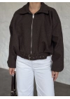 Oversize kısa kemerli kaşe ceket kırçıllı kahve