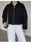 Oversize kısa kemerli kaşe ceket siyah