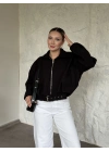 Oversize kısa kemerli kaşe ceket siyah