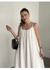Oversize salaş askılı keten elbise beyaz