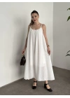 Oversize salaş askılı keten elbise beyaz